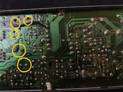 Leaking capacitors; underside of PCB